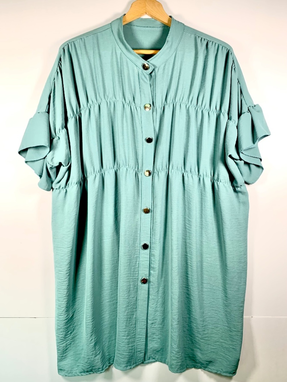 M&G MODA Italian short ruffle sleeve boho chic mini shirt dress green blue flowy
